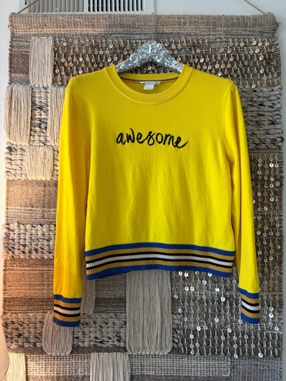 Desigual yellow sequined 'Awesome' crewneck sweater sparkle stripe trim